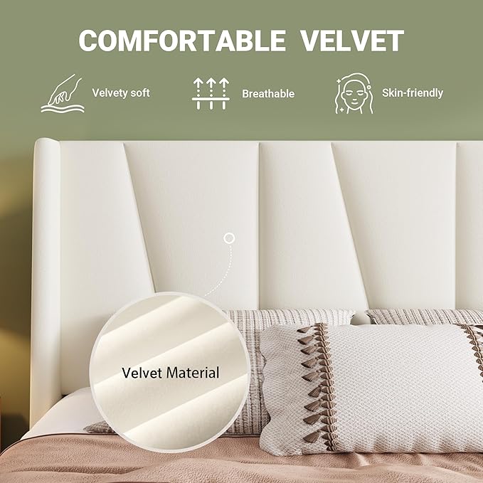 Allewie King Size Platform Velvet Bed Frame with Geometric Wingback Headboard, Boho Upholstered Bed with Wooden Slats Support, No Box Spring Needed, Easy Assembly, Cream