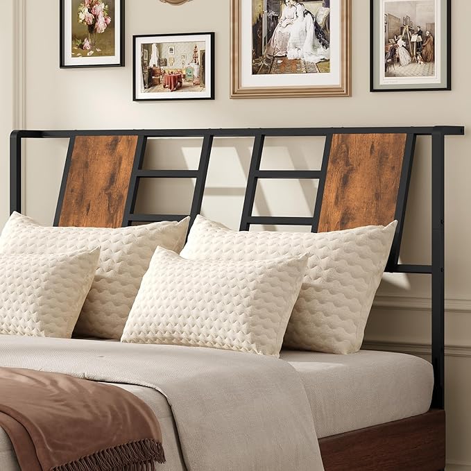 MAHANCRIS Headboard Queen Size Only, Industrial Metal Bed Headboard with Adjustable Feet and Compatible Adapters, Fits Most Bed Frames, Rustic Brown and Black