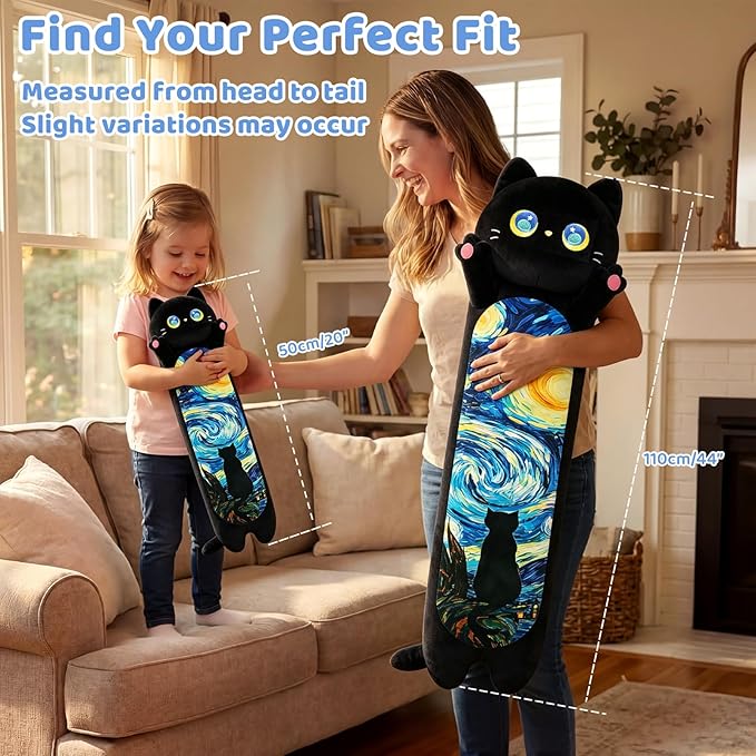 Mewaii Long Cat Plush 5 Sizes, 120% Extra Filling Giant Plushness Kids Body Pillow, Kawaii Cute Black Starry Cat Stuffed Animals Plushies, Big Long Black Cat Body Pillow Plush Gift for Girls 20”