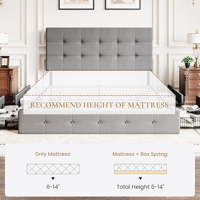 SHA CERLIN Upholstered Full Size Platform Bed Frame with 4 Storage Drawers, Adjustable Headboard with Square Stitched Button Tufted Design, Wooden Slat Support, No Box Spring Needed, Light Grey