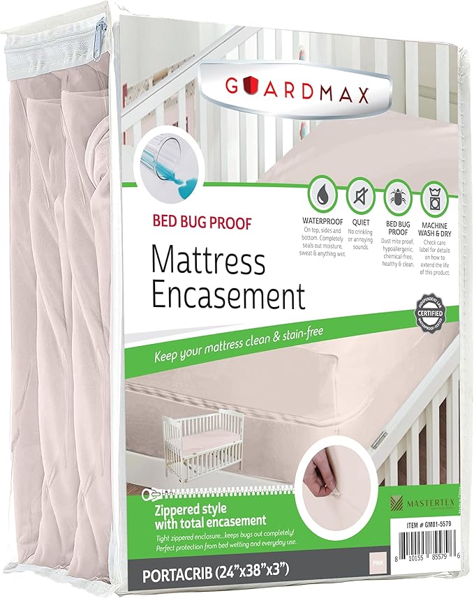 Guardmax Portacrib Mattress Encasement with Zipper, Waterproof, Bed Bug Proof, and Dust Mite Proof Mattress Protector for Portacrib Bed up to 3" Deep, Zippered all around Jersey Knitted Mattress Cover