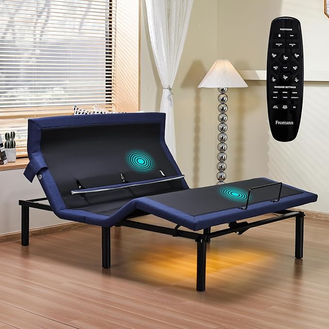 Fromann Adjustable Full Bed Base Frame with Head and Foot Lift, Lumbar Support, Massage, Under-Bed Lights,Left Right USB+C, Memory Positions, Zero Gravity