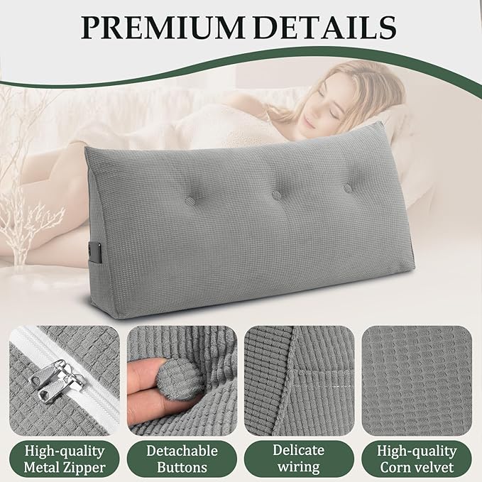 Huatean Home Soft Headboard Pillow Twin Size, Wall Backrest Wedge Pillow Headboard Twin XL, Reading Backboard Pillows, Large Dorm Daybed Bolster Pillows for Back Support with Removable Cover, Gray