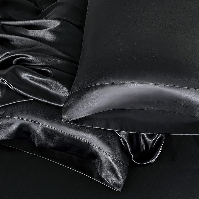 Homiest 4pcs Extra Deep Pocket Satin Sheets Queen Size Bed Set, 18-24 Inch Deep Pocket Black Satin Bedding Set Fits Ultra Deep Mattress
