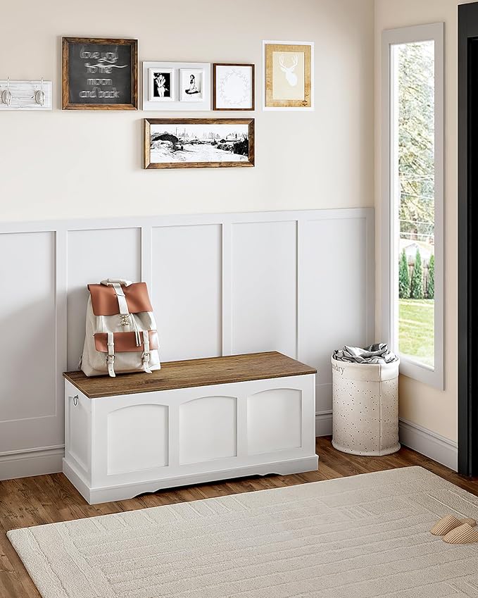 CHOEZON 39.4" Storage Chest Bench with Lift Lid, Toy Chest with Safety Hinge, Entryway Shoe Bench, Wooden Storage Trunk, Holds up to 220 lb, for Living Room, Bedroom, Hall, White and Walnut MCW12WL