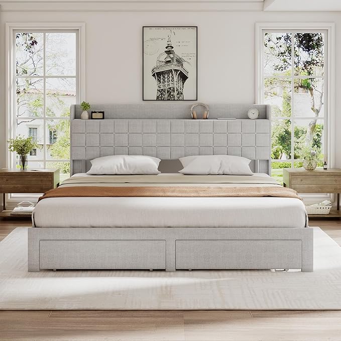 DUMOS King Size Upholstered Platform Bed Frame, King Bed with Storage Drawers and Fabric Headboard, Wooden Slats Support, 1323 lbs Weight Capacity, No Box Spring Needed, Easy Assembly, Beige