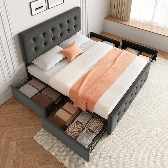 IDEALHOUSE Full Size Bed Frame with 4 Storage Drawers and Headboard, Linen Upholstered Platform Bed Frame with Wooden Slats Support, Button Tufted Design, No Box Spring Needed, Light Grey
