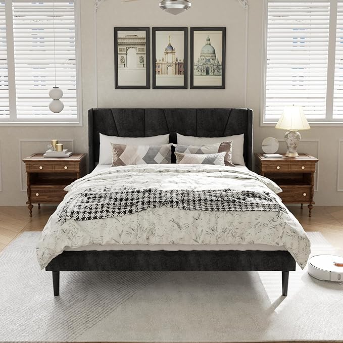 HAOARA Full Bed Frame with Headboard, Velvet Upholstered Platform Bed Frames with Wingboard, Contemporary Mattress Foundation, Noise Free, No Box Spring Needed, Easy Assembly, Black