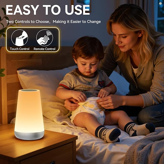 Auxmir Rechargeable LED Night Light, Touch & Remote Control Bedside Lamp with 13 Colors, 5 Brightness Levels, Portable Table Lamp for Kids Baby Nursery, Bedroom, Bathroom, Camping, Silver