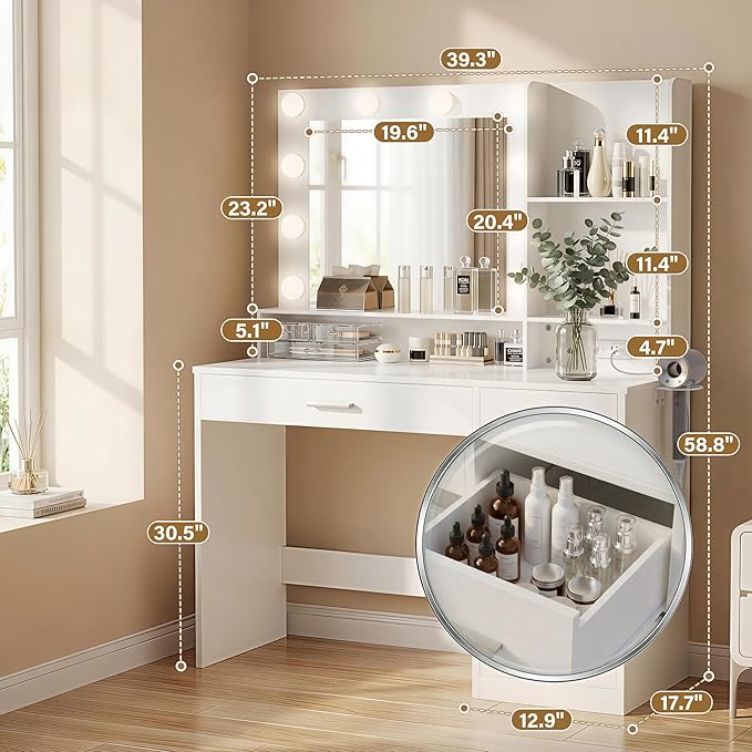 YESHOMY 39" Vanity Desk with Mirror & Lights, Makeup Vanity Table with Power Outlet & Storage Drawers, 3 Color LED Lighting, Dressing Table for Bedroom, White