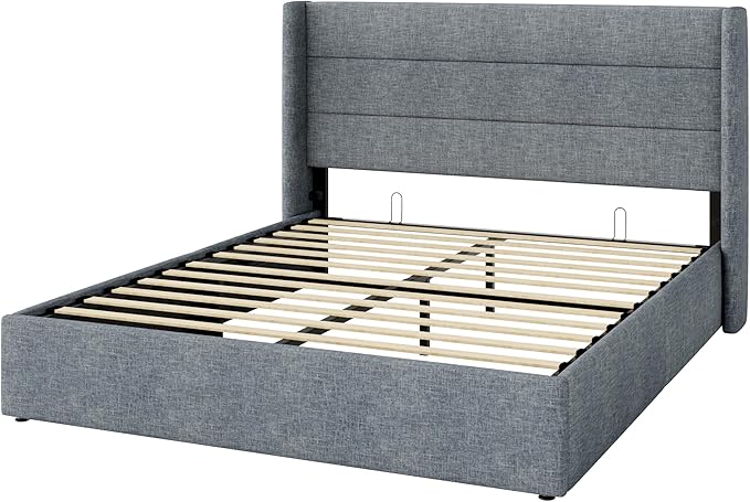 Allewie Queen Size Lift Up Storage Bed, Modern Wingback Headboard, Hydraulic Support, No Box Spring Needed, Grey Blue