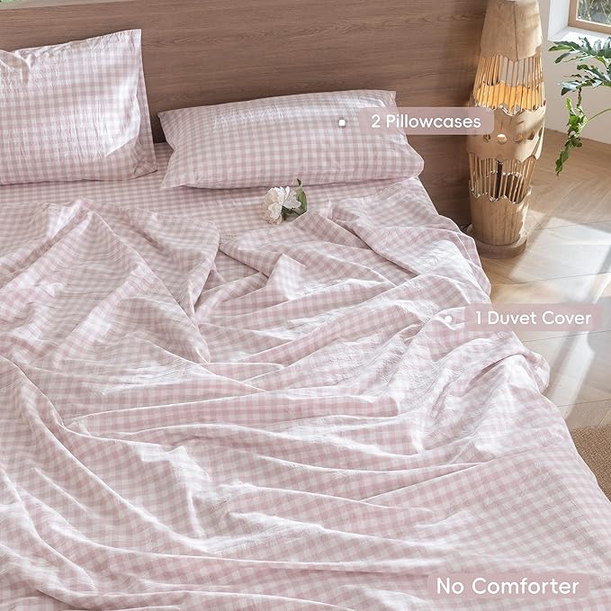 MooMee Gingham Duvet Cover Set 100% Washed Cotton Linen Like Textured Breathable Durable Soft Comfy Modern Checkered Design (Classic Gingham Greyish Pink, Queen 90"x90")