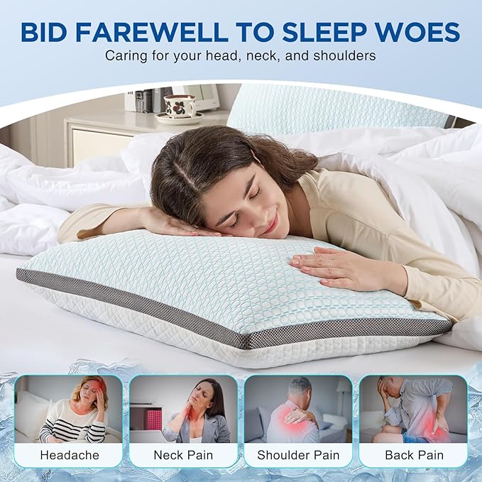 Cooling Pillows King Size Set of 2, Shredded Memory Foam Pillows 2 Pack, Bed Pillow for Hot Sleepers Adjustable Firm Pillow for Side, Back and Stomach Sleepers, Machine Washable