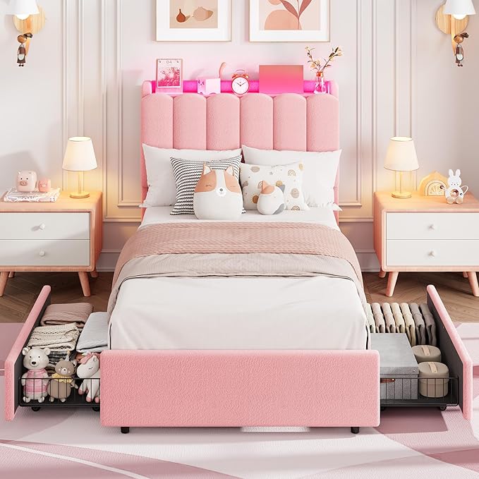 Garvee LED Twin Size Bed Frame with Storage Headboard, Kids Bed Frame with 2 Drawers, Boucle Upholstered Platform Bed for Girls, Chic Wavy Headboard with Bookcase, No Box Spring Needed, Pink