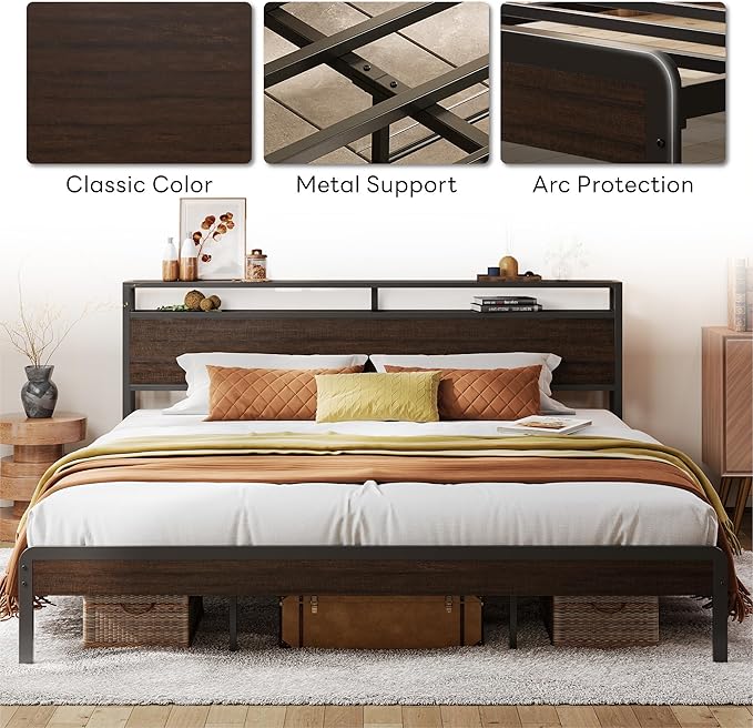 LIKIMIO King Bed Frame with Headboard, Dark Wood Camas King with Strong Supports, Sturdy, Noise-Free, No Box Spring Needed, Dark Brown