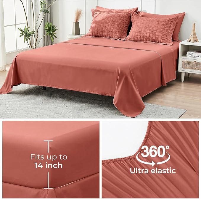 HYMOKEGE Coral California King Comforter Set Seersucker 7 Pieces, All Season Luxury Bed in a Bag for Bedroom, Bedding Set with Comforter, Sheets, Pillowcases & Shams