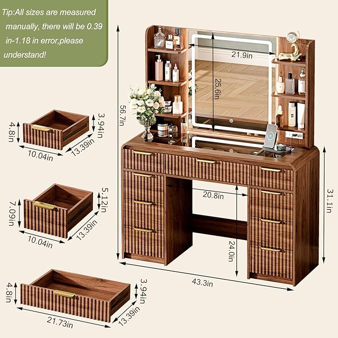 43" Makeup Vanity Desk with Mirror and Lights&Power Outl, 3 Adjustable Light Color,Glass Top Big Vanity Table with 9 Drawers & 6 Shelves,Girls Vanity for Bedroom, Tan
