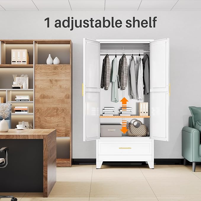 Metal Armoire Wardrobe Closet with Hanging Rod, Clothing Storage Cabinet with Adjustable Shelf and Drawer for Laundry Room, Bedroom, Home Office, Bathroom, 71" White Large Capacit