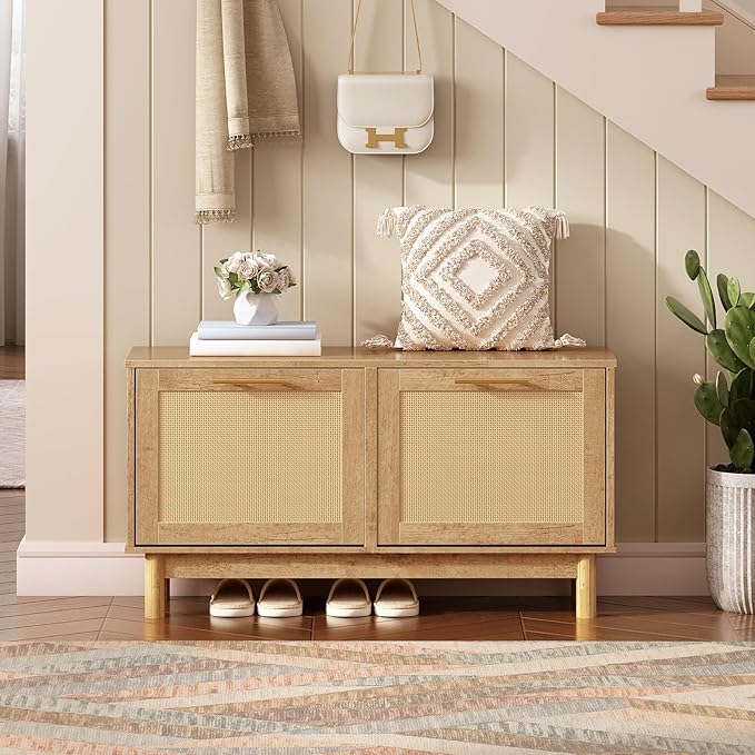 HOOBRO Shoe Storage Bench, Rattan Entryway Bench with 2 Flip Drawers, 39.4'' Hidden Shoe Cabinet with Adjustable Shelves, Comfort Seat Holds 300lb, Large Capacity Fits 8-12 Pairs, Natural NL51HX01