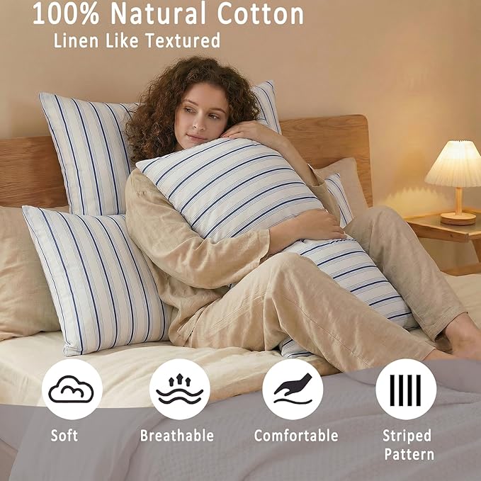 Merryword Queen Size Pillowcases, 100% Cotton Pillow Cases, Blue and White Striped Pillowcases, Luxury Linen Like Pillowcase, Soft Breathable Wide Stripes Pillow Covers, Set of 2