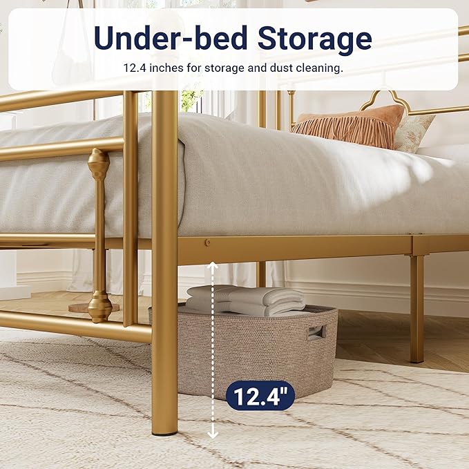 Allewie Twin Size Metal Platform Bed Frame with Victorian Vintage Headboard and Footboard/Mattress Foundation/Under Bed Storage/No Box Spring Needed/Noise-Free/Easy Assembly, Gold