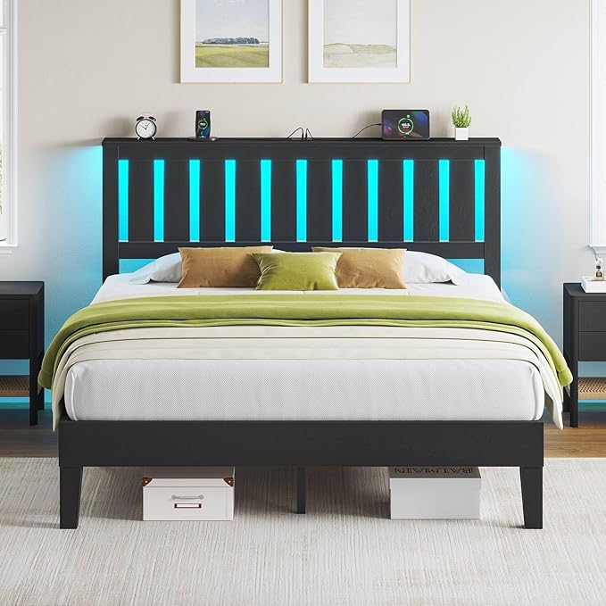 Rolanstar Queen Bed Frame with Headboard, Built-in USB & Type-C Charging, RGB LED Lights, 800LBS Wood Slat Support, Under-Bed Storage, No Box Spring Needed, Easy Assembly