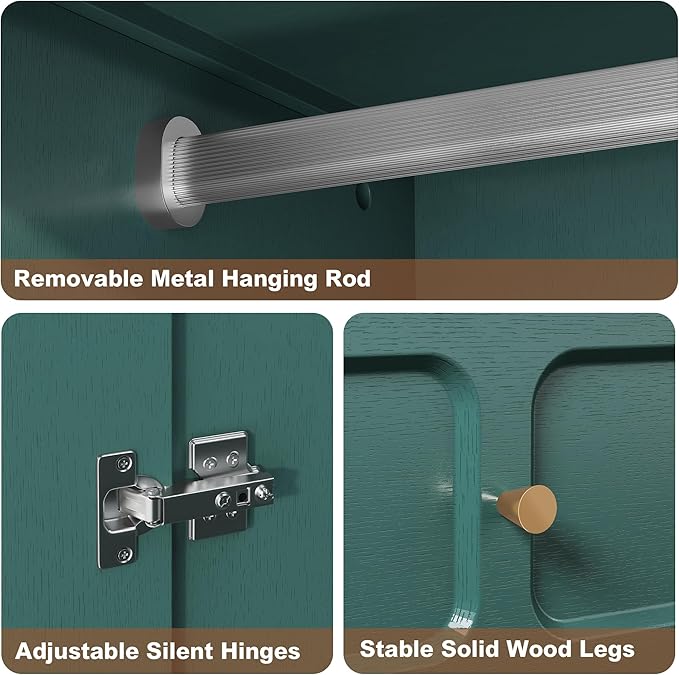 HLR 71" Mid-Century Modern Armoire Wardrobe Closet with Doors and Drawers,Wooden Armoire Storage Cabinet with Hanging Rod for Bedroom,Large Capacity Storage,Green