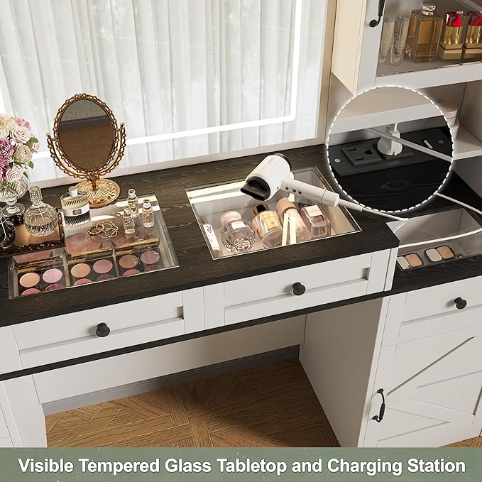 Farmhouse Vanity Desk with Mirror, 61.5" Makeup Vanity Table Set with Glass Visual Desktop and Cushion Stool, Dressing Table with 5 Drawers and 4 Cabinets for Bedroom