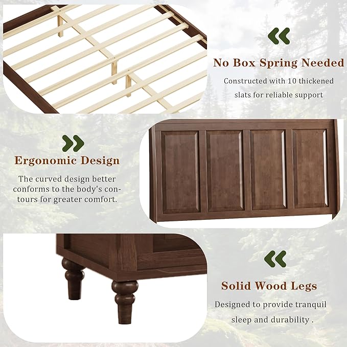 KEIKI Queen Size Bed Frame with Storage Bench, Solid Wood Sleigh Bed with High Headboard and 64" Storage Chest, Rubberwood Platform Bed, No Box Spring Required, Walnut Brown