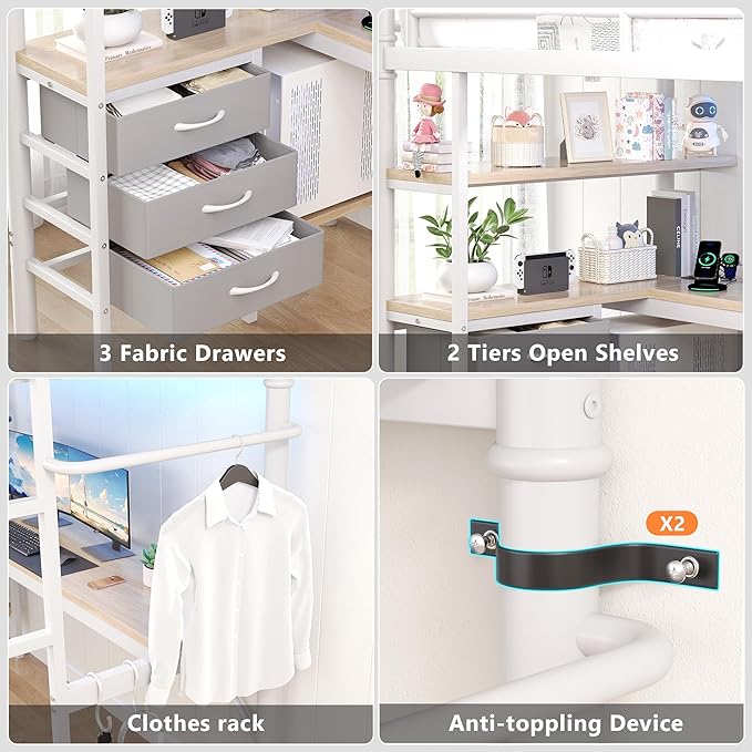 Jocoevol Full Size Loft Bed with L-Shaped Desk, LED Lights,Charging Station, Industrial Heavy Duty Metal Loft Bed Frame with 3 Storage Shelves and 3 Fabric Drawers, Safety Guard & Ladder, White