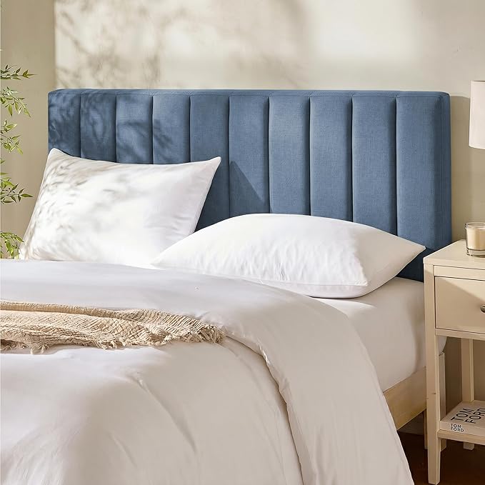 Hearth & Harbor Upholstered Full Headboard - Easy Assemble Channel Stitched Headboard Full Size - Wall Mounted Headboards with 3D Soundproof Wall Panels Peel & Stick Floating Headboards, Slate Blue