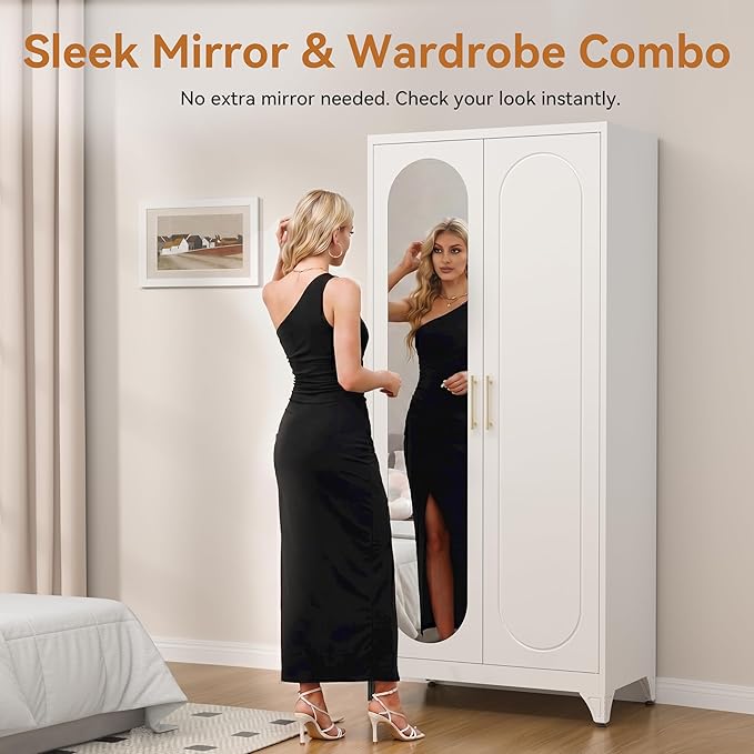 Polup Metal Armoire Wardrobe Closet with Mirror, 71" Tall Steel Clothing Storage Cabinet with Doors, Hanging Rod and Adjustable Shelves, Freestanding Clothes Organizer for Bedroom, Office, White
