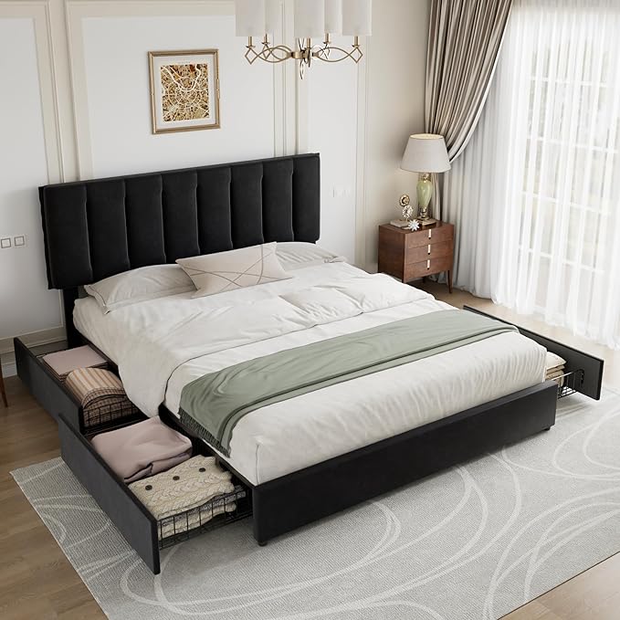 VECELO King Size Bed Frame with 4 Storage Drawers, Adjustable Height Headboard, Heavy-Duty Bedframe with Strong Wooden Slats, No Box Spring Needed, Black