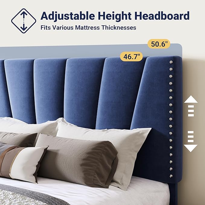 Allewie Queen Size Bed Frame with Adjustable Velvet Upholstered Headboard, Rivet-Style Nailhead Trim Detail Platform Bed Frame, Wooden Slat Support, No Box Spring Needed, Easy Assembly, Blue