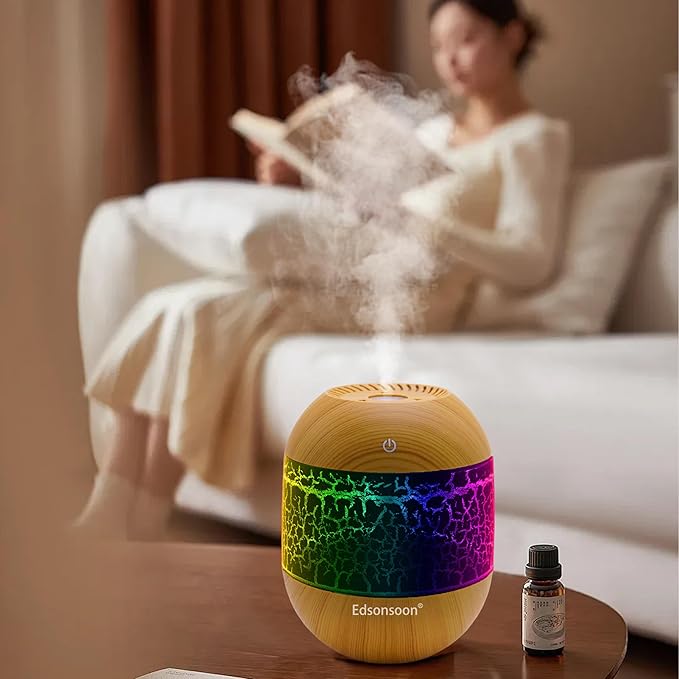 Essential Oil Diffuser for Home, Ultrasonic Aroma Diffuser with Volcano LED Light, Wood Grain Mini USB Cool Mist Humidifier, Quiet Aromatherapy for Bedroom & Office (Black)