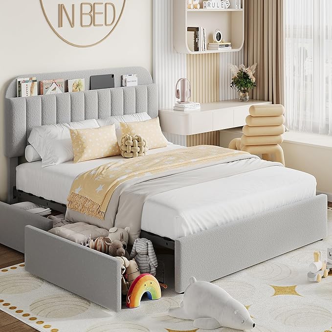 Garvee Queen Size Bed Frame with 2 Flexible Drawers, Boucle Upholstered Platform Bed Frame with Bookcase Headboard, Bedframe for Kids, Easy Assembly, No Box Spring Needed, Noise Free, Grey