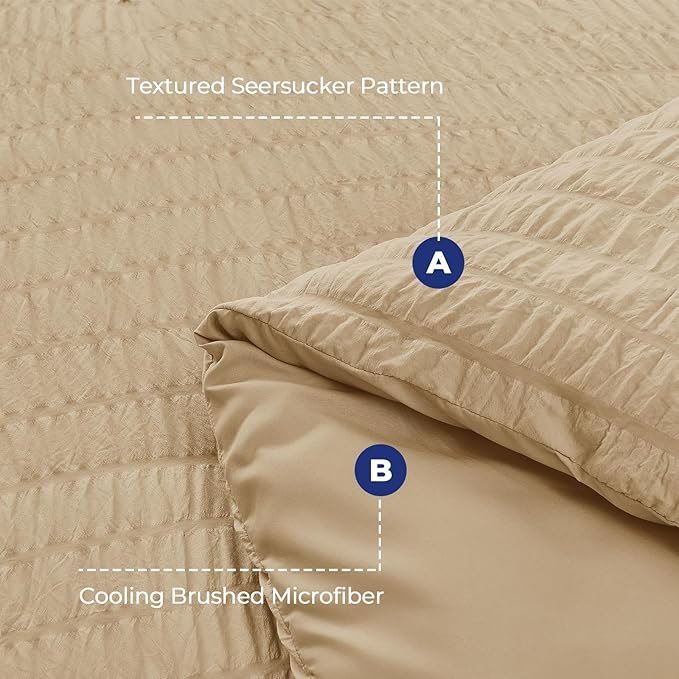 HYMOKEGE Khaki California King Comforter Set Seersucker 7 Pieces, All Season Luxury Bed in a Bag for Bedroom, Bedding Set with Comforter, Sheets, Pillowcases & Shams