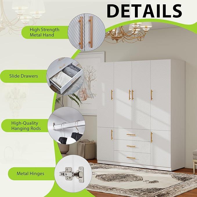 Armoires Wardrobe Closet Wood: Large Wardrobe Closet 4 Door White Storage Cabinet with 3 Drawers, Shelves and 2 Hanging Rods for Hanging Clothes
