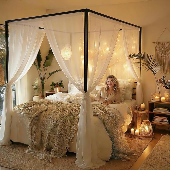 YITAHOME Canopy Bed Frame Metal Four Posters 14 Inch Platform with Built-in Headboard Strong Metal Slat Mattress Support, No Box Spring Needed, Black, Queen Size