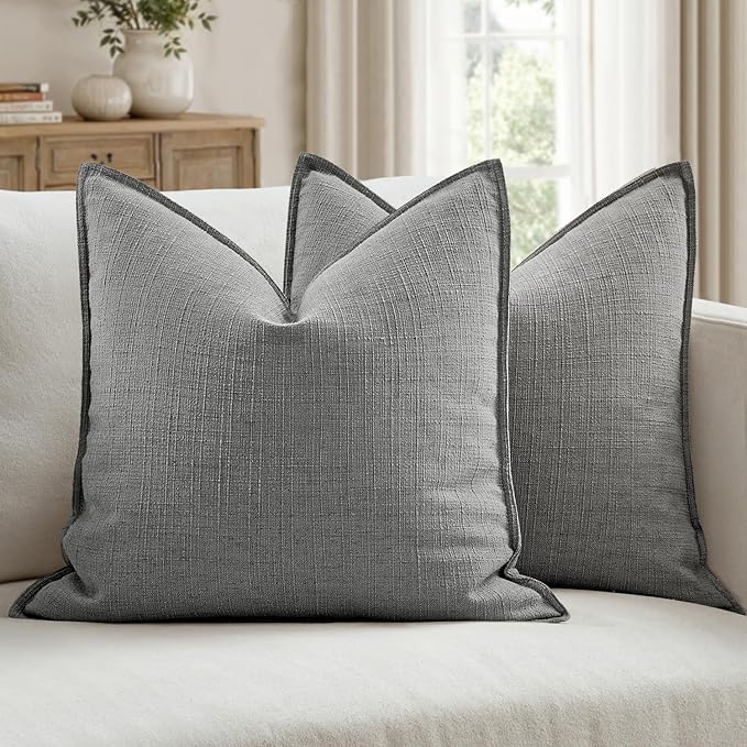 MIULEE Euro Sham Pillow Covers for Bed 24x24, 2 Pack Grey Thick & Textured Decorative Throw Pillow Covers, Neutral Linen Cushion Cases, Modern Farmhouse Home Decor, No Filling