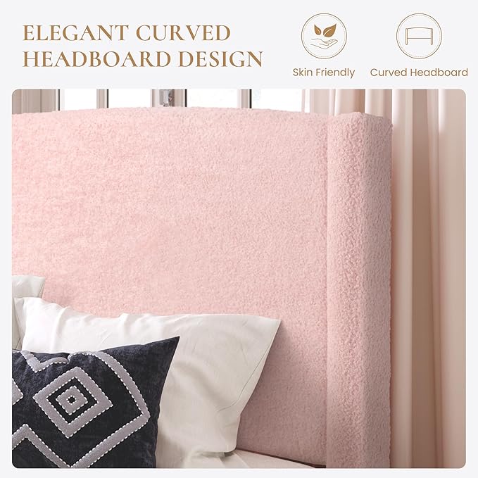 SHA CERLIN Queen Bed Frame with Soft Teddy Fabric, Boucle Upholstered Platform Bed, Curved Headboard Design, Wooden Slats Support, Noise-Free, No Box Spring Needed, Easy Assembly, Pink