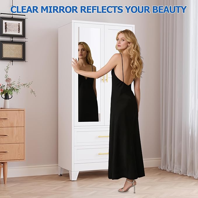 GAIOUS Steel Armoire Wardrobe Closet with Mirror, 71" Metal Clothes Storage Cabinets with 2 Doors, 1 Adjustable Shelf, 2 Drawers, Metal Wardrobe Cabinet with Hanging Rod for Bedroom, Gym, Cloak(White)