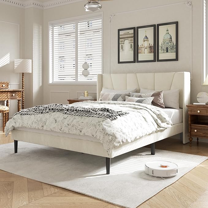 HAOARA Full Size Bed Frame with Headboard, Velvet Upholstered Platform Bed Frames, Contemporary Mattress Foundation, Noise Free, No Box Spring Needed, Easy Assembly, Beige