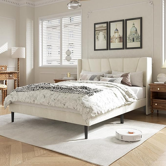 HAOARA Full Size Bed Frame with Headboard, Velvet Upholstered Platform Bed Frames, Contemporary Mattress Foundation, Noise Free, No Box Spring Needed, Easy Assembly, Beige