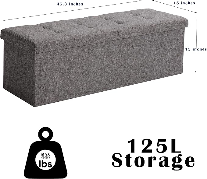 45.3 Inches Storage Ottoman Bench Foldable Seat Footrest Shoe Bench End of Bed Storage with Flipping Lid, 166L Storage Space, Linen Fabric Sandy Beige