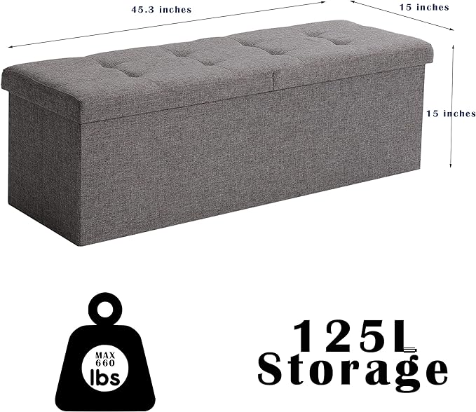 Shoe Storage Ottoman Foldable Seat Footrest Tufted Bench End of Bed Storage with Flipping Lid, 166L Storage Upholstered , Linen Fabric Beige, 45.3 Inches
