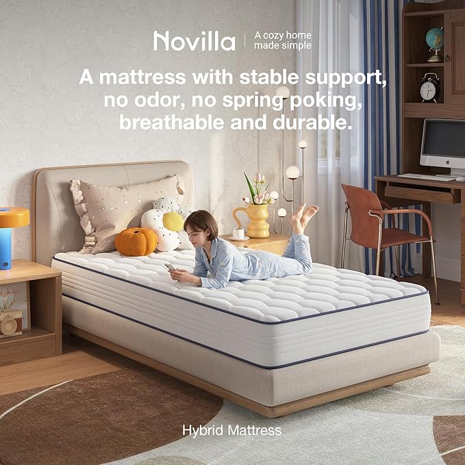 Novilla Twin XL Mattress 8 inch, Hybrid Twin Mattress XL for Kids, Cool Comfort Sleep, Steel Coils for Durable Support, CertiPUR-US Certified Foam, Youth/Guest Rooms, Mattress in a Box