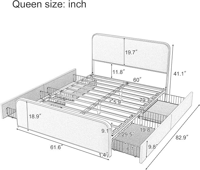 Merax Queen Size Metal Bed Frame with Curved Upholstered Headboard and Footboard, Modern Platfrom Bed & 4 Storage Drawers Under Bed, No Box Spring Needed, Easy Assembly, Beige