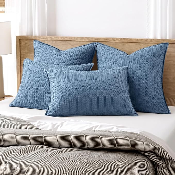 Set of 2 Decorative 100% Cotton Waffle Euro Sham Pillow Covers 26x26, Neutral Coastal Throw Pillows Weave European Cushion Cases for Couch Sofa Bed Modern Farmhouse Home Decor, Blue