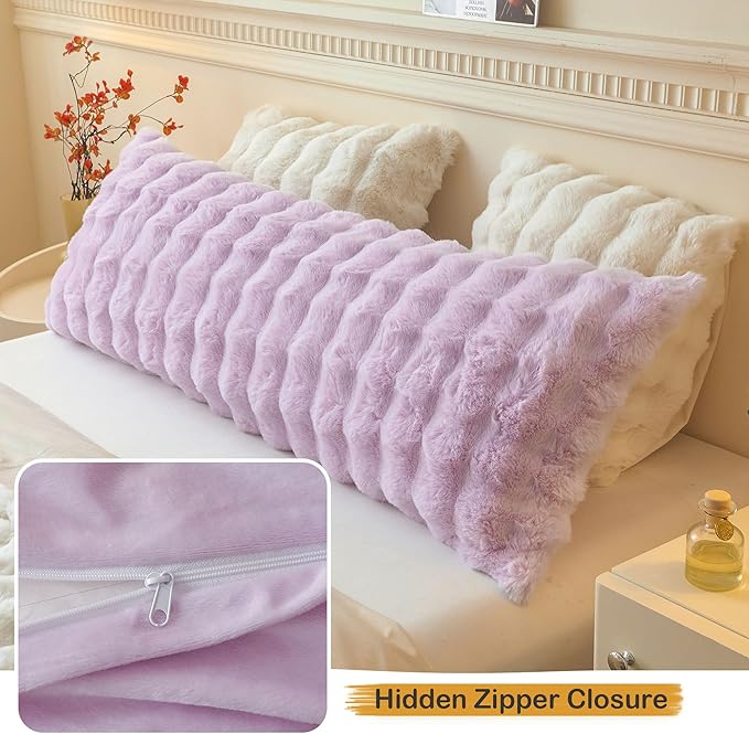 LIFEREVO Fluffy Faux Rabbit Fur Body Pillow Cover, Cozy Light Purple Bubble Shaggy Plush Bed Body Pillowcase with Zipper, Long 20"x54" Fuzzy Furry Pillow Case for Bedroom Home Decoration, Lavender